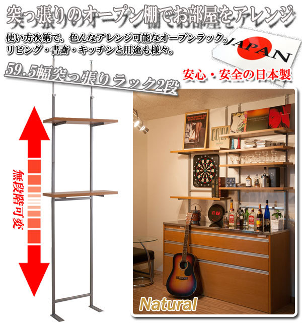 壁面収納 ラダーラック 幅59.5cm 突っ張り シンプル 無段階調整2枚棚