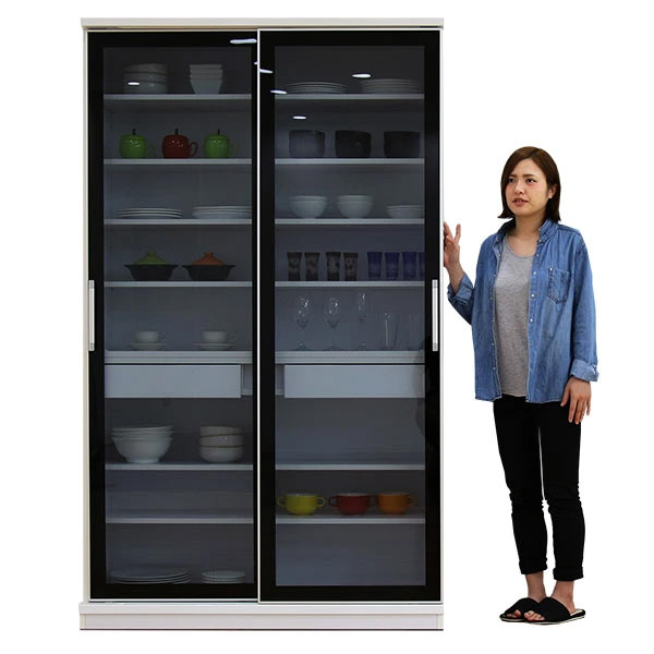 食器棚 スライド扉 キッチンボード 120 大川家具 完成品 ガラス扉