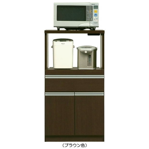 スライドカウンター・引出・板扉収納付幅６０cm国産木製レンジ台（ブラウン・ホワイト色） キッチンボード コンセント付 引出付 木目 ナチュラル モダン 完成品の画像