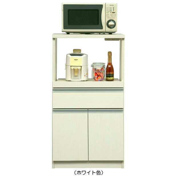 スライドカウンター・引出・板扉収納付幅６０cm国産木製レンジ台（ブラウン・ホワイト色） キッチンボード コンセント付 引出付 木目 ナチュラル モダン 完成品の画像