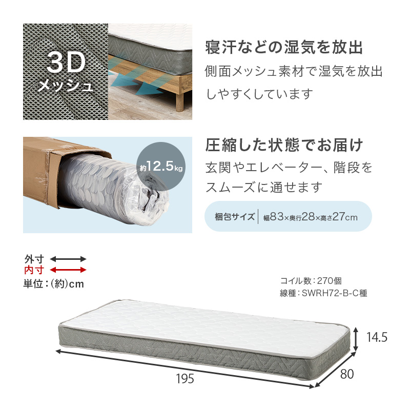 HAGiHARA（萩原） ベッド マットレスセット ボンネルコイル セミ