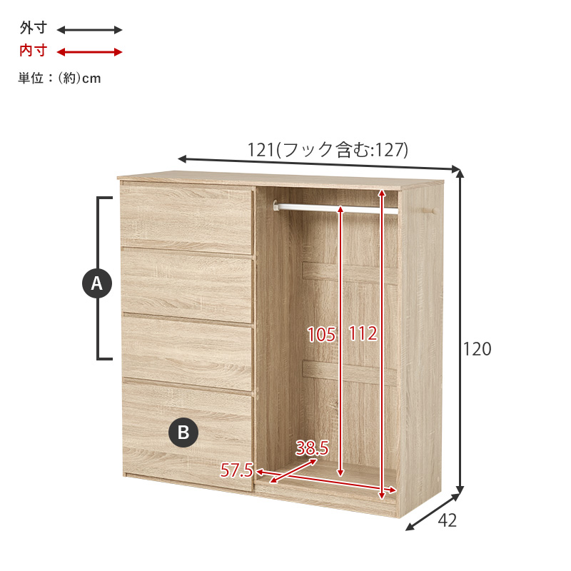 HAGiHARA（萩原） ハンガーラック 引き出し付き 幅121cm ワードローブ