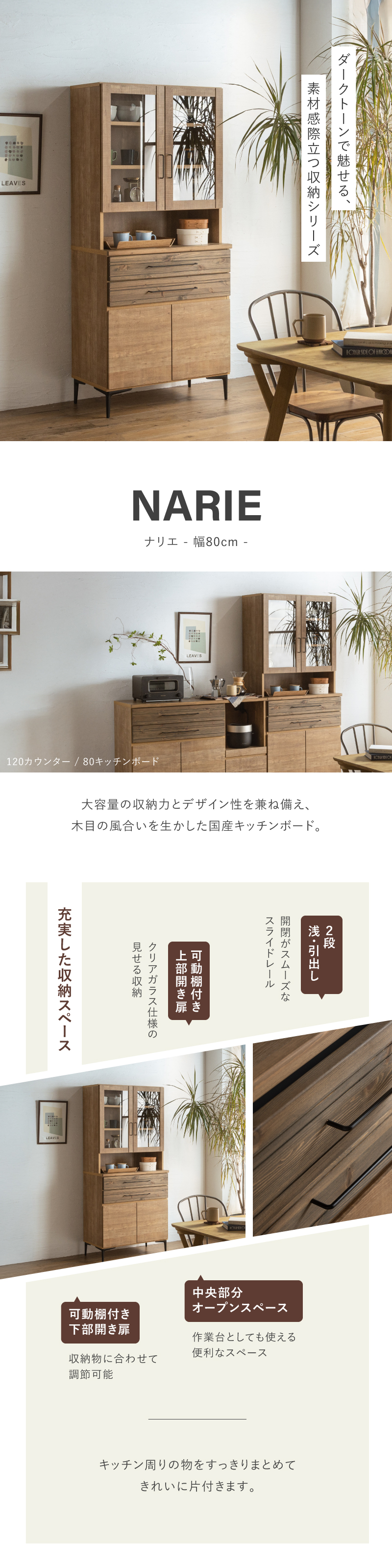 公式 キッチンボード ダイニングボード 食器棚 キッチン収納 幅80cm 高