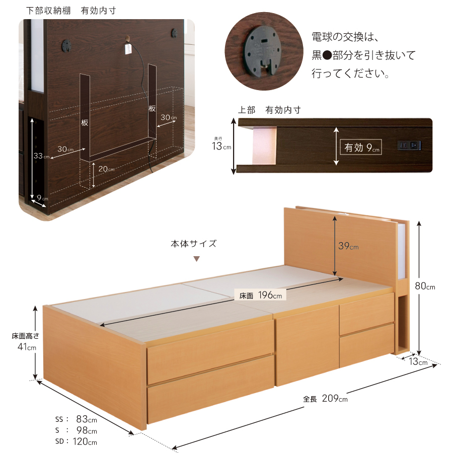 2BOX収納ベッド セミダブル 日本製 コンセント 選べる引出 幅120cm 本体フレームのみ 敷板付 #14 ジオ｜kaguranger｜20