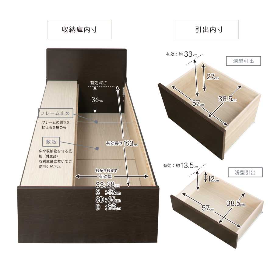収納付ベッド ダブルベッド ベッドフレーム 5杯引出し 日本製 幅140cm