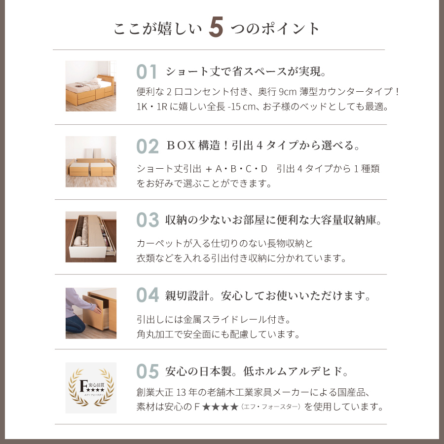 2BOX収納ベッド コンパクト セミシングルショート 日本製 幅83cm フレームのみ  #14 敷板付き【レイエス 】【6/13より価格改定】｜kaguranger｜03