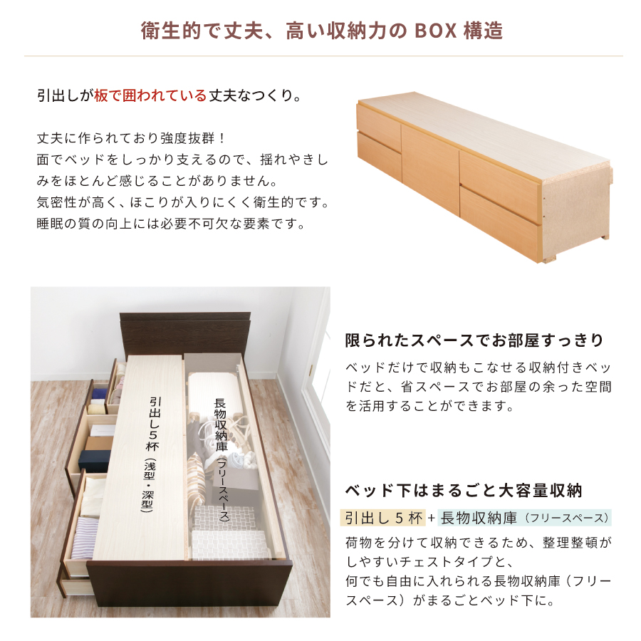 収納付ベッド シングルベッド ベッドフレーム 5杯引出し 収納付 収納