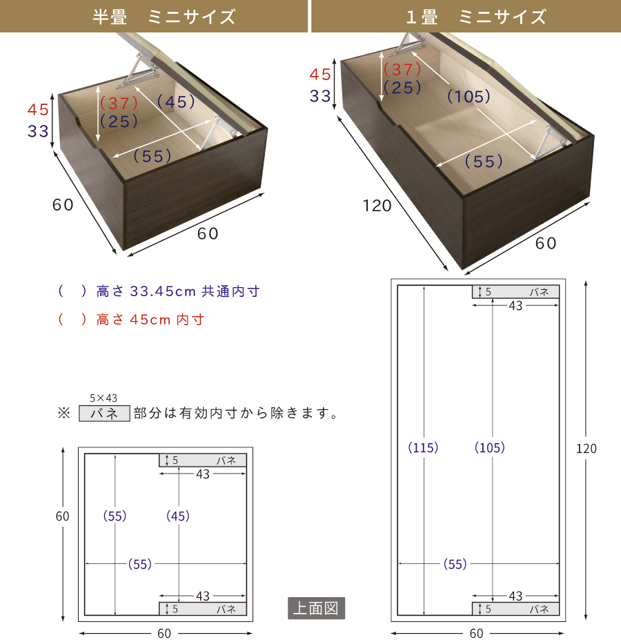 ユニット畳 高さ45cm ヘリ無し ミニ半畳 国産畳 単品 跳ね上げ式 収納