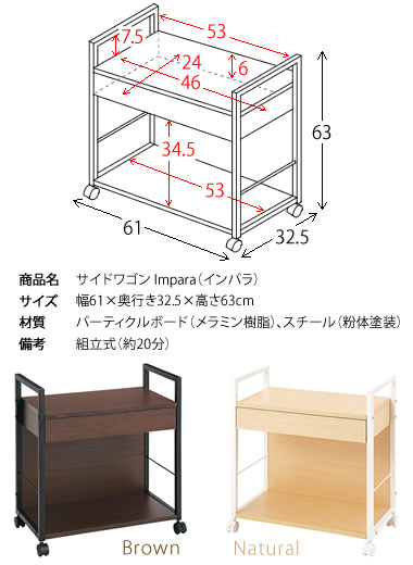 サイドワゴン 2段 スリム キャスター付き 引き出し 取っ手 A4サイズ