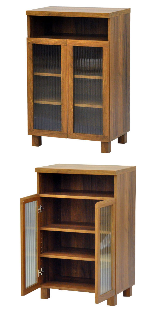 キャビネット ガラス扉60cm幅 ウォールナット柄の木目シート 幅59.5cm