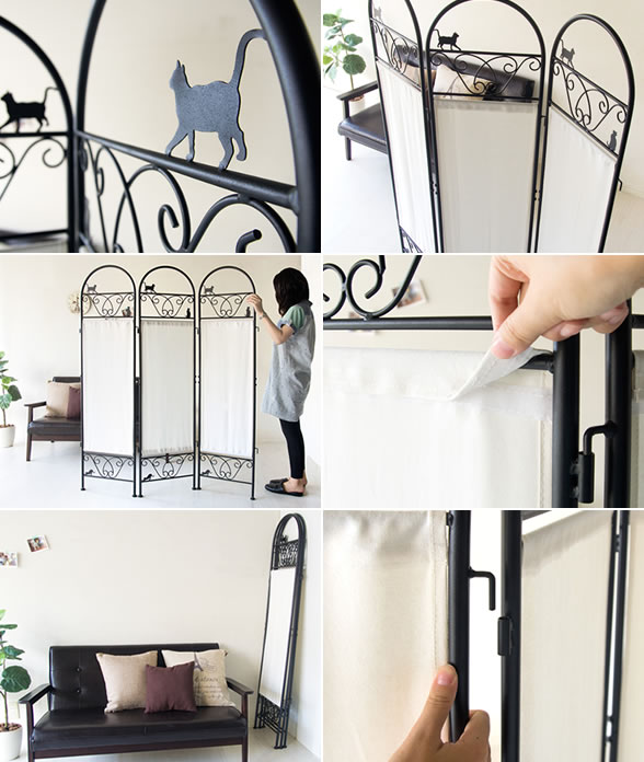 猫 パーテーション 黒猫 3連 間仕切り 自立 カーテン 置くだけ