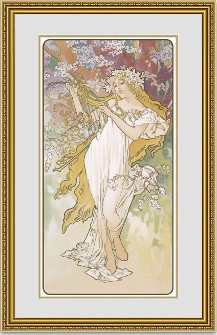 絵画 販売購入 ミュシャ 四季 春 スプリング 額縁付き : 絵画販売の