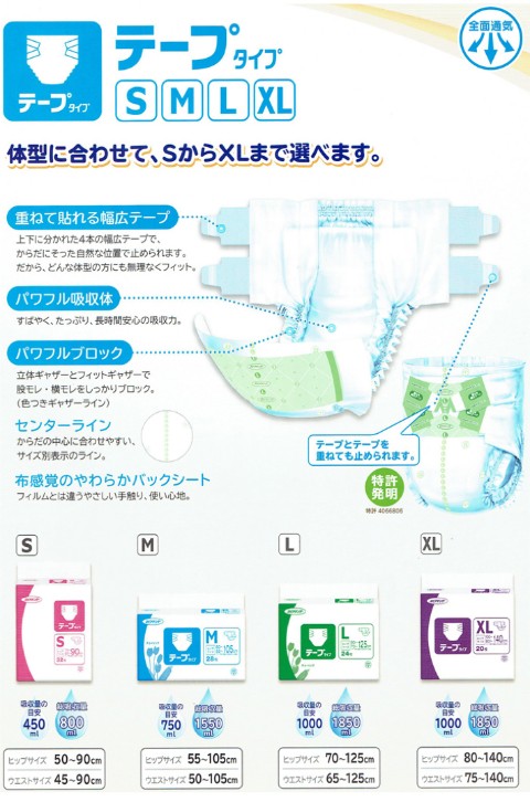 ネピアテンダー テープタイプ L サイズ オムツ シート 24枚入×3袋 6~7