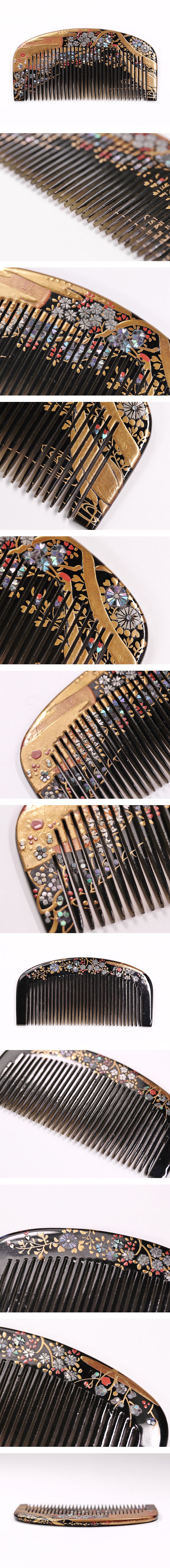 【開】昭和時代 樹脂製 螺鈿細工流水に鶴花模様櫛 和式装身具 AC490