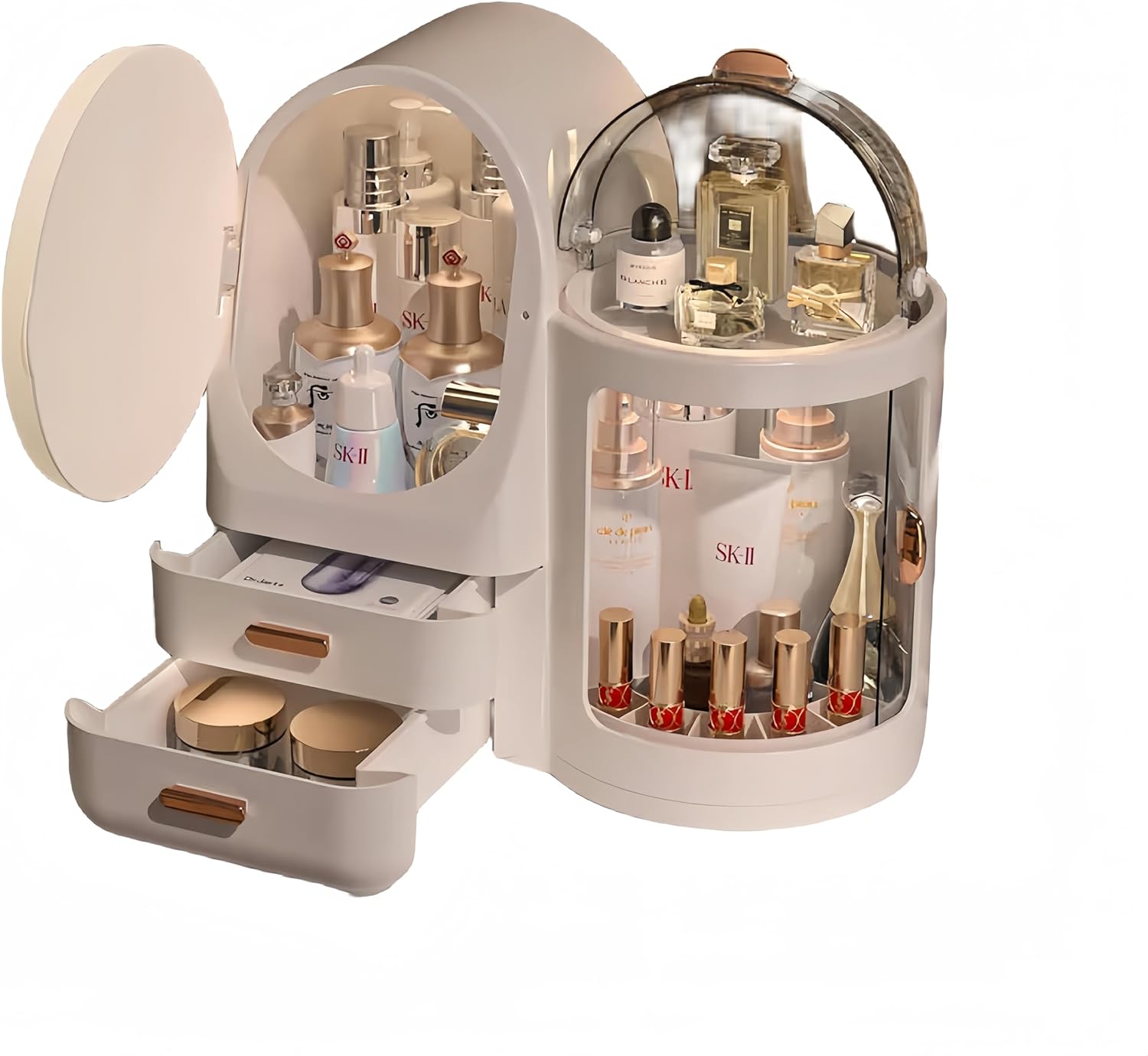 メイクアップオーガナイザー回転メイクアップオーガナイザーボックスミラーと2つの引き出し付き回転スキンケアオーガナイザー錦香水トレイ口紅ホルダー付き化 メイクアップオーガナイザー 回転メイクアップオーガナイザーボックス