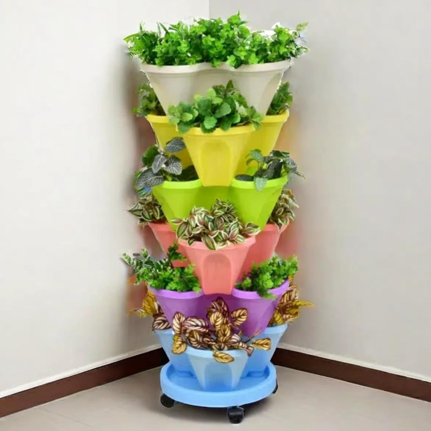タワー型プランター 6段垂直ガーデンプランター ホイール付き 4バルブ