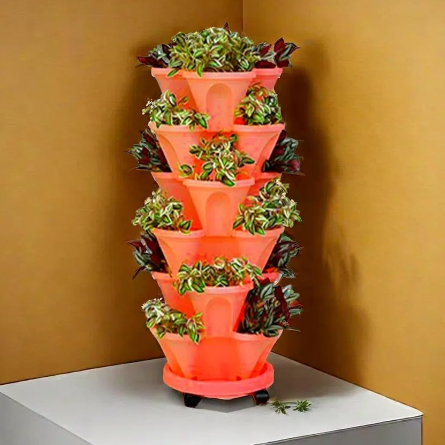 吊り下げ式土製花器　落款有り　高さ約70センチ タワー型プランター 6段垂直ガーデンプランター ホイール付き 4バルブ