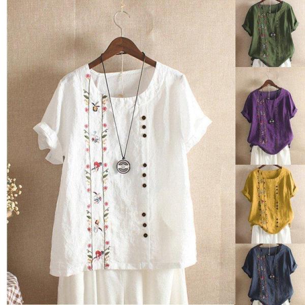 ブラウス シャツ 刺  花柄 リネン混 レディース 夏 秋 春 7分袖 トップス Tシャツ 綿麻混 花柄 刺  クラシカル 大きいサイズ ゆったり オシャレ シンプル カジ ブラウス シャツ 刺 花柄 リネン混 レディース 夏 秋 春 7分袖