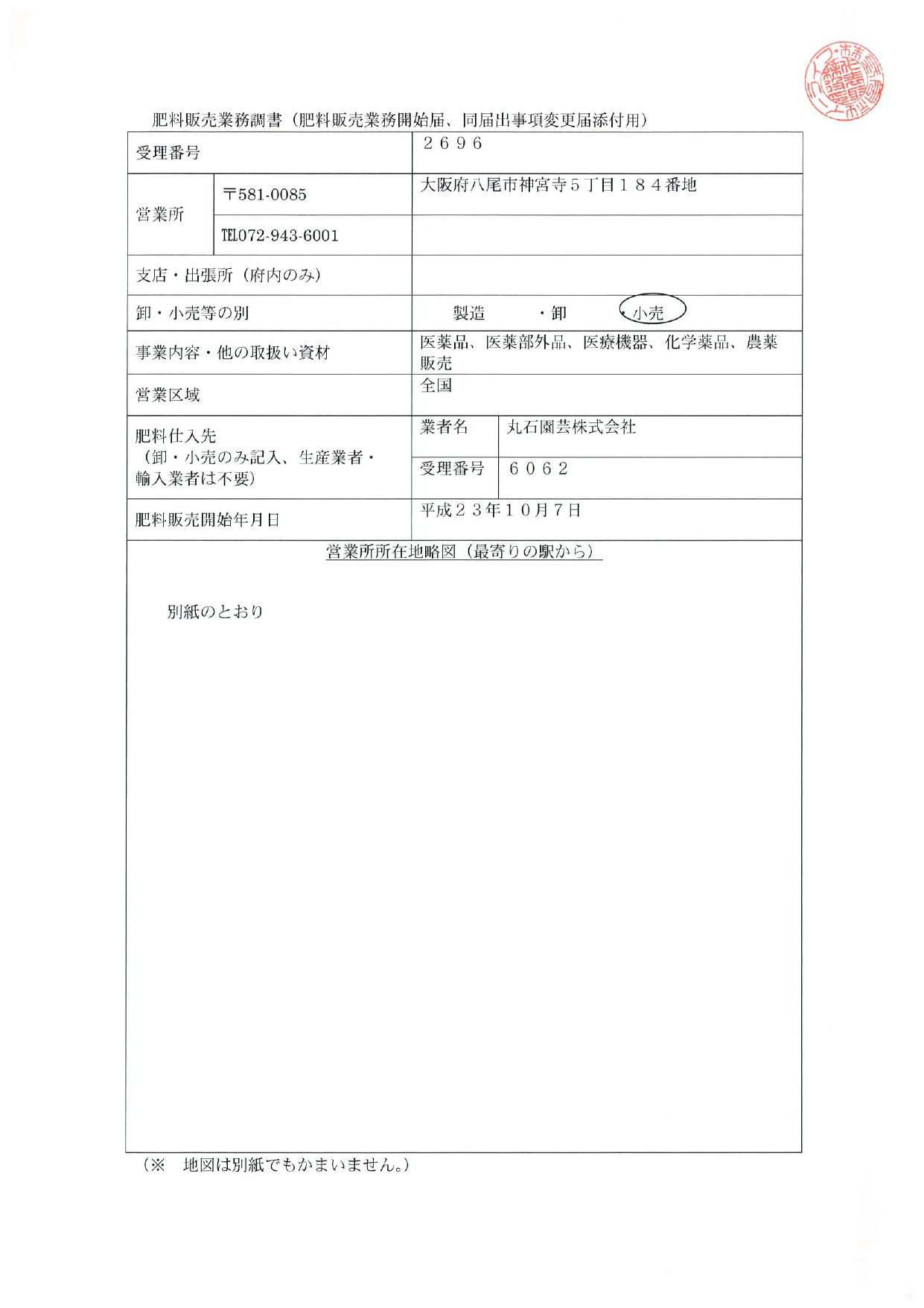 肥料販売業務届受理証