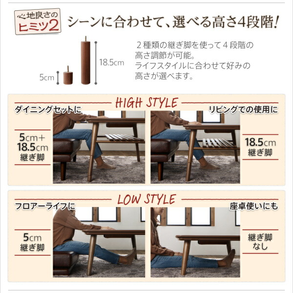 ダイニングこたつテーブル本体 の単品 (長方形 80×120cm天板サイズ) /棚付き 高さ調節式 温度調整 中間スイッチ 天然木ウォルナット突板 ウレタン塗装｜kaitekibituuhan｜09