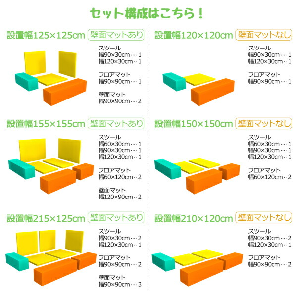 日本製 コーナー型キッズプレイマットセット 8点(フロアマット2枚+スツール3枚+壁面マット3枚) 使用する床面積(215×125cm) / ウレタン 抗菌 防汚 キッズ用｜kaitekibituuhan｜15