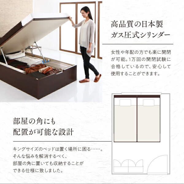 日本製 はねあげ収納ベッド クイーン(SS×2) (ベッドフレームのみ マットレスなし) 縦開き (お客様が組立) ヘッドレス 木製｜kaitekibituuhan｜08