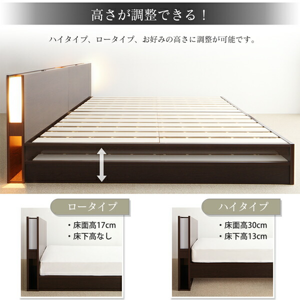 日本製 ベッド ワイドK280(D×2) (ベッドフレームのみ マットレスなし) スノコ床板 高さ調節式 (お客様が組立) 宮付き 連結分割式 木製｜kaitekibituuhan｜06