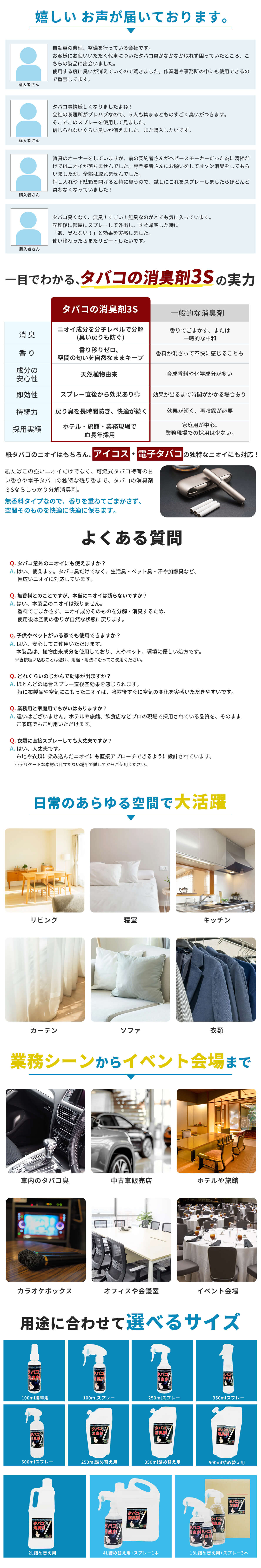 スリーエス3S タバコ消臭剤 無香料スプレー｜車内・部屋のタバコ臭・ヤニ臭を強力消臭する日本製 250ml