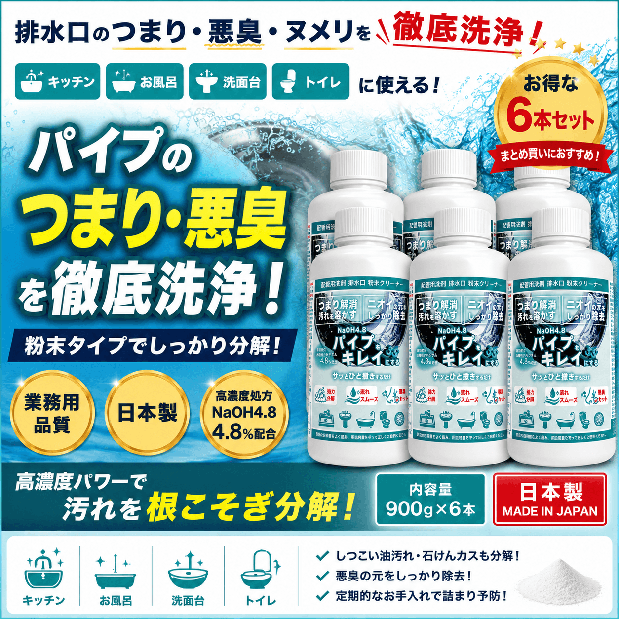 パイプクリーナー 業務用 900g×6本 排水口 排水管 洗浄剤 つまり 悪臭