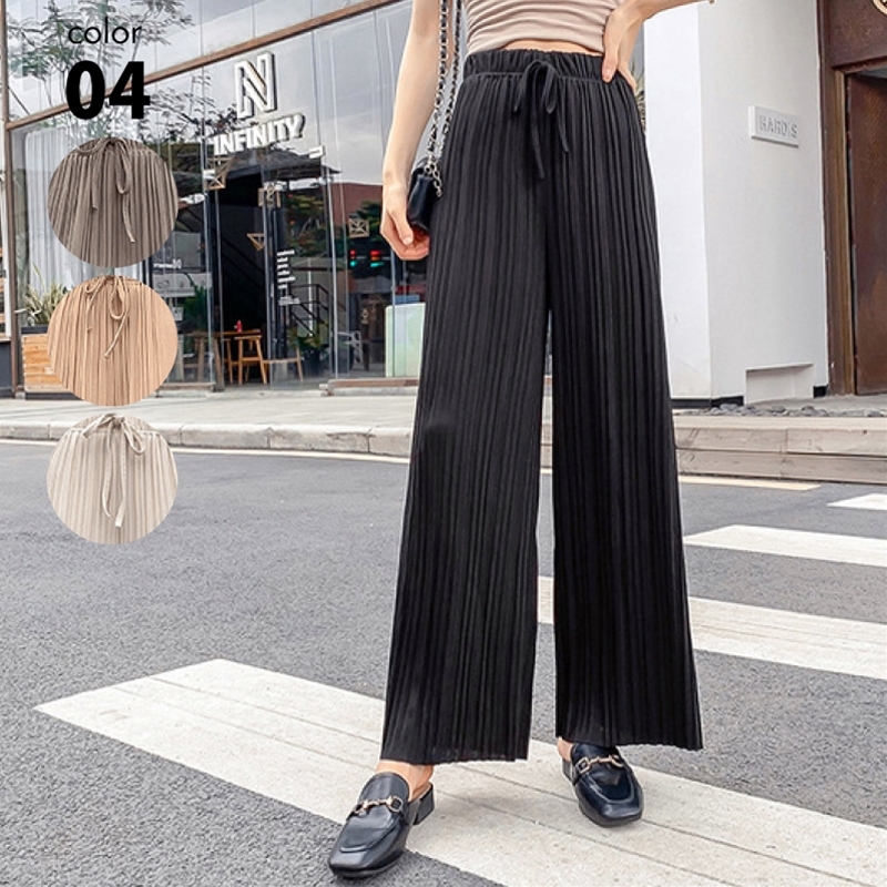 ワイドパンツ レディース プリーツパンツ ワイドパンツ ロング ウエストゴム ハイウエスト リブ 着痩せ 体型カバー 美脚 楽ちん  :abtm0290:カジコム 通販 