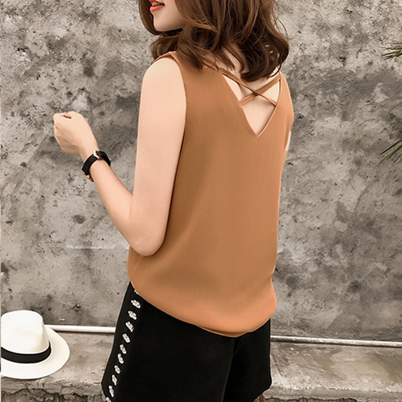 ノースリーブ Tシャツ レディース カットソー Vネック M L ホワイト ブラック ブラウン 背中 肌見せ バッククロス 半袖tシャツ