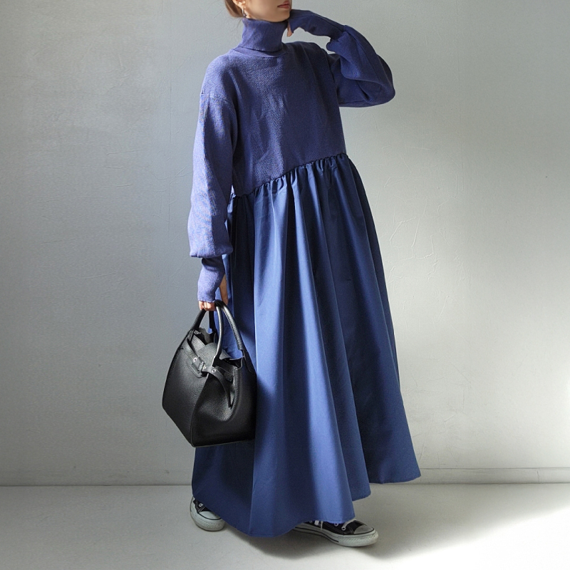 ワンピース ニット ロング レディース 異素材 切り替え ドッキング