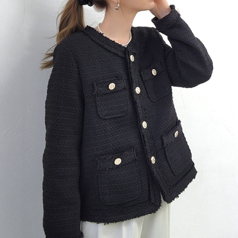 ツイードジャケット フリンジ ノーカラー 上品 フォーマル カジュアル