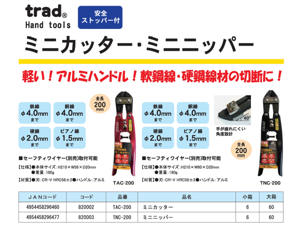 業務用9個セット) TRAD ミニニッパー/作業工具 〔全長：200mm〕 安全