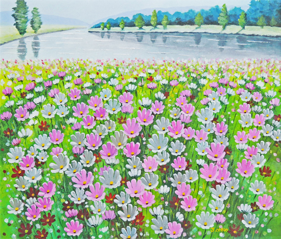 大野純一 油絵 コスモス 額53x44 絵画 /046537 アート