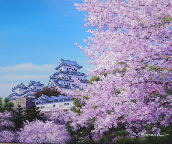 絵画 油絵 姫路城の桜 （木村由記夫） 【肉筆】【油絵】【桜絵】【日本