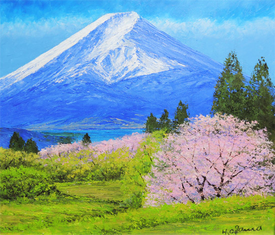 絵画 油絵 富士山と桜 （小川久雄） 【肉筆】【油絵】【桜絵】【海・山