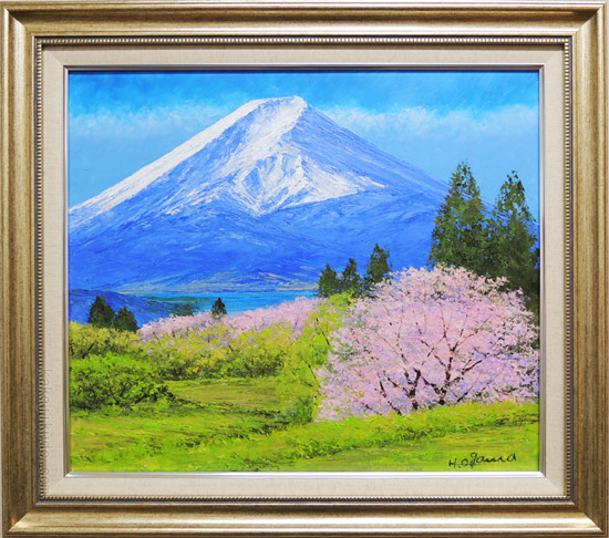 絵画 油絵 富士山と桜 （小川久雄） 【肉筆】【油絵】【桜絵】【海・山