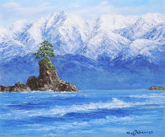肉筆　真作　絵画　小川久雄　油彩画　風景画　雨晴海岸　美術品　立山連峰インテリア 絵画 油絵 雨晴海岸 （小川久雄） 【海・山】【肉筆】【油絵】【日本の