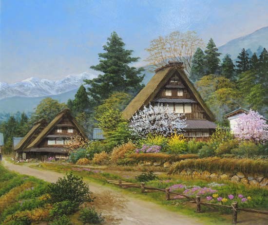 絵画 油絵 富山県五箇山 （四方道夫） 【海・山】【肉筆】【油絵