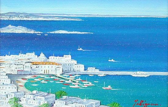 絵画 油絵 青い海のエーゲ海 ミコノス島 （滝川英彦） 【海・山