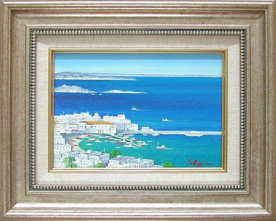 絵画 油絵 青い海のエーゲ海 ミコノス島 （滝川英彦） 【海・山