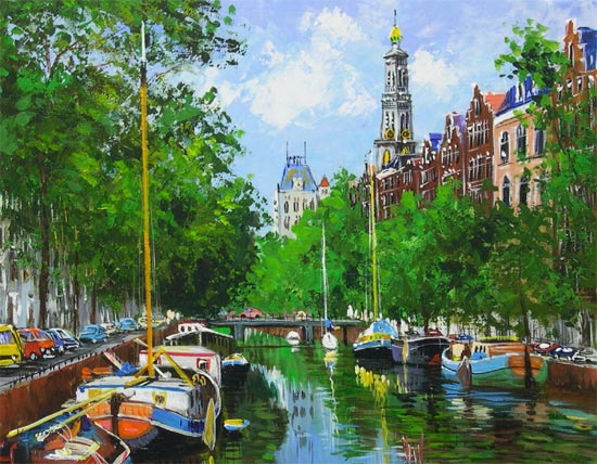 油絵アムステルダム風景 絵画 風景画(街並み) 秋のオランダ アムステルダムの紅葉 インテリア