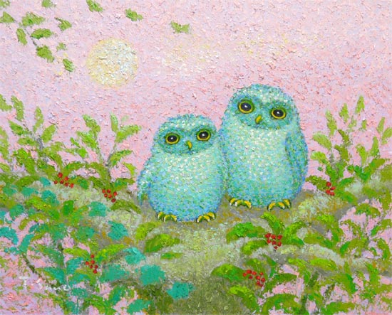 絵画 油絵 祝ふくろう （佐野千恵子） 【肉筆】【油絵】【静物・動物画