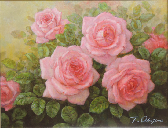 絵画 油絵 ばら（ピンクのバラ） （岡島哲夫） 【肉筆】【油絵】【花
