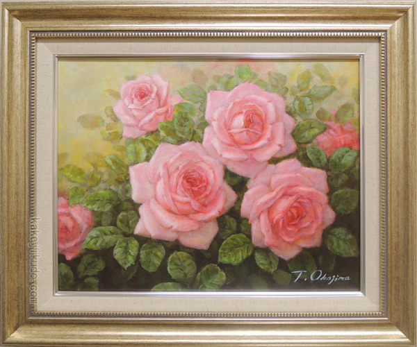 素敵な薔薇の油絵 額付き ☆ 原画 ☆ 画家サインあり 薔薇 油絵 額付 絵画 絵画 油絵 ばら（ピンクのバラ） （岡島哲夫） 【肉筆】【油絵】【花