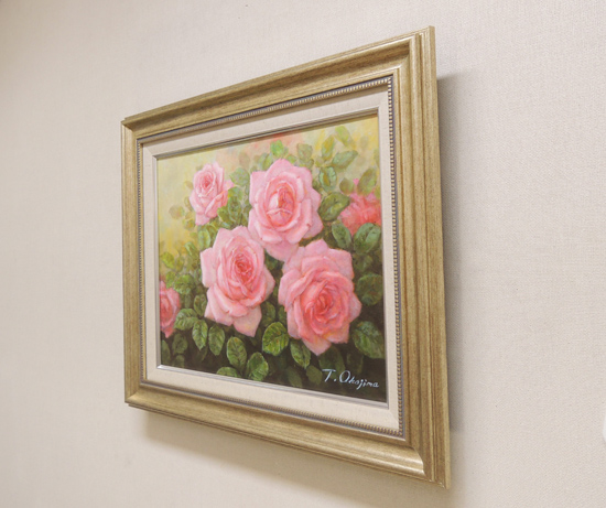 絵画 油絵 ばら（ピンクのバラ） （岡島哲夫） 【肉筆】【油絵】【花