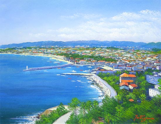 絵画 油絵 南フランス地中海コートダジュール （滝川英彦） 【海・山