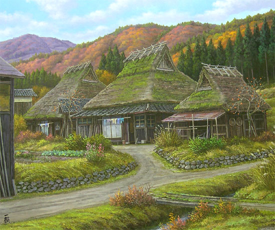 絵画 油絵 深秋の山里 京都美山 F30号 （猿渡一根） 【海・山】【肉筆