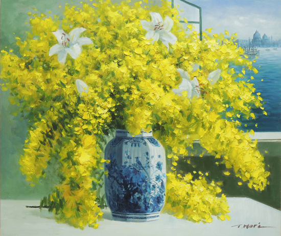 絵画 油絵 ミモザとカサブランカ F20号 （堀哲夫） 【肉筆】【油絵